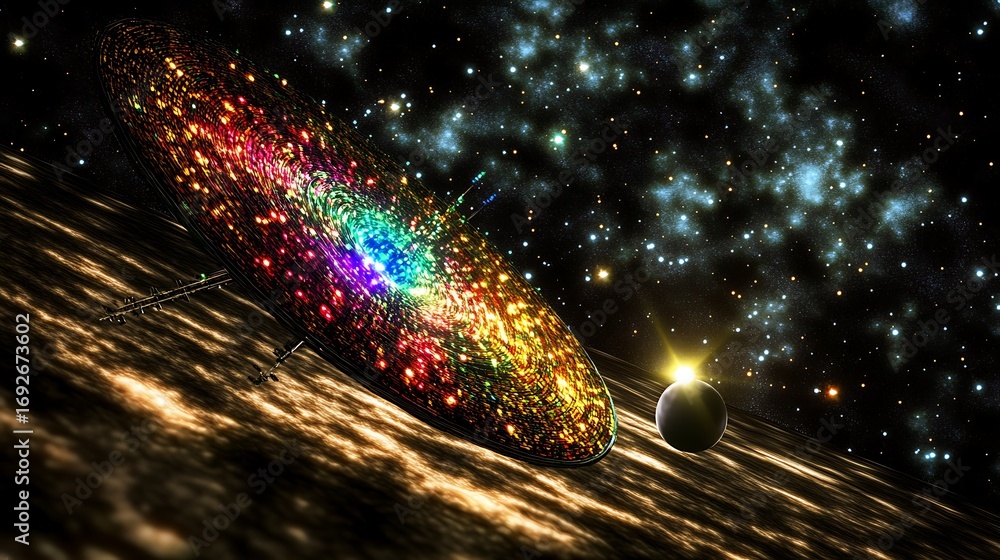 Poster a colorful galaxy with a planet and a starfield in outer space