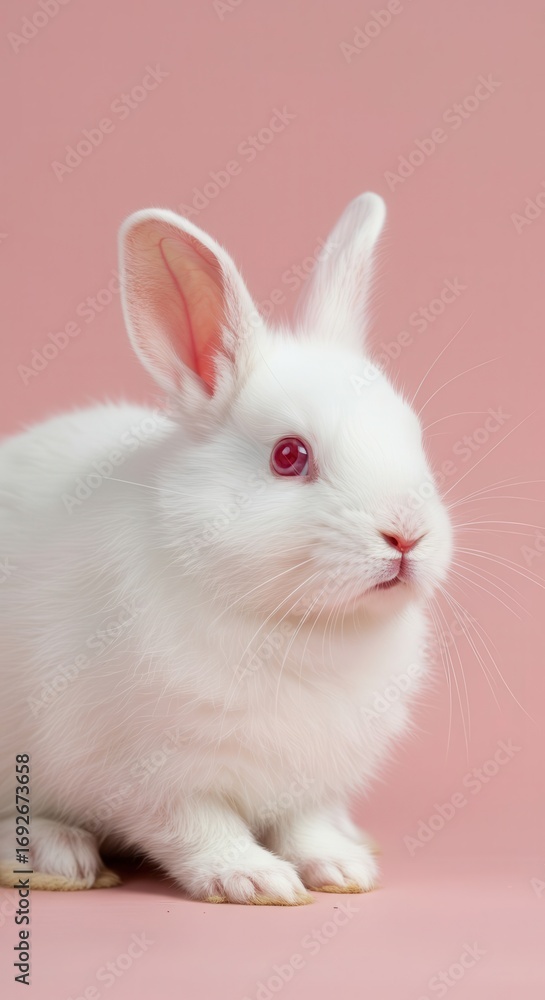 Poster a captivating close-up of a fluffy, white rabbit, set against a soft, pastel pink backdrop. its deli