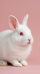 Fototapeta premium A captivating close-up of a fluffy, white rabbit, set against a soft, pastel pink backdrop. Its delicate features and attentive posture create a serene and adorable image.