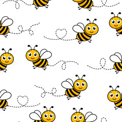 Happy flying bees seamless pattern. Honeybee with dotted path group. Vector illustration isolated on white