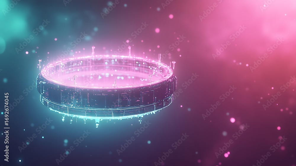 Poster glowing ring platform with light particles in a colorful space