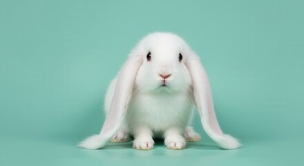 A charming, white bunny rabbit sits against a vibrant teal background, showcasing its large floppy ears and innocent expression.