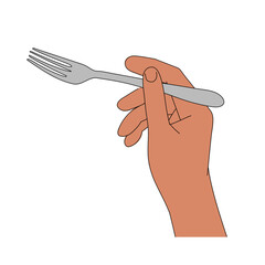Hand holding a metal fork. Traditional cutlery for eating. Isolated illustration on a white background. Flat style with a line.