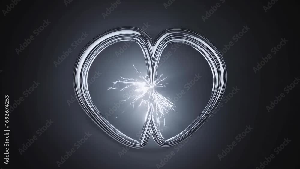Poster a futuristic metallic heart shape pulses with radiant energy in a dark ambient setting, featuring hi