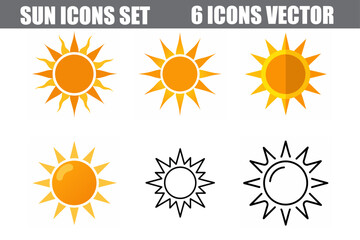 Fototapeta premium set of sun icons, colorful and outlined suns set icons, 6 set sun icons