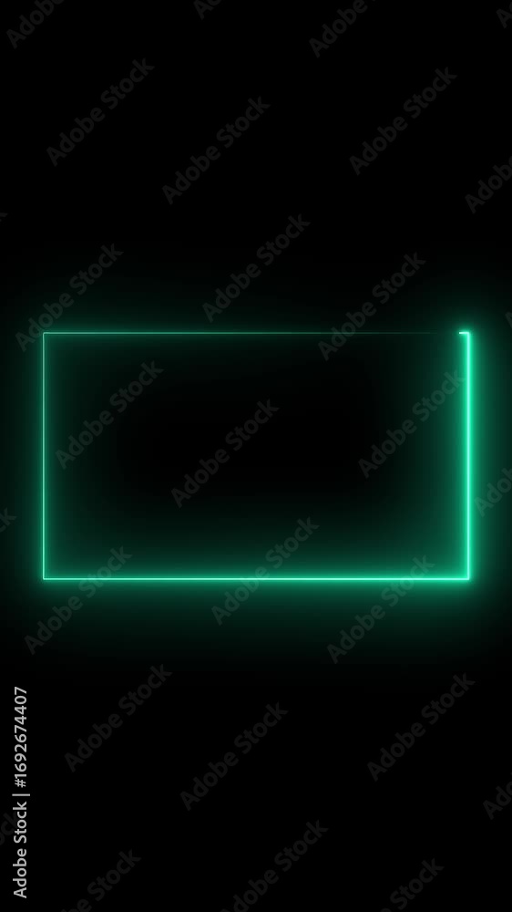 Poster glowing green neon rectangle frame pulsing on black background abstract digital border animation fut