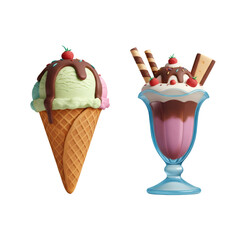 Two Ice Cream Desserts on Transparent Background One Cone and One Glass Waffle and Berries Toppings Chocolate Sauce and Pastel Colors Illustration