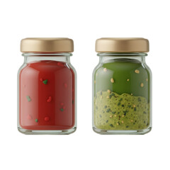 Two Glass Jars with Golden Lids on Transparent Background Displaying Red and Green Chili Pepper Sauces with Bright Lighting Style