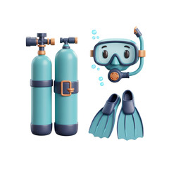 Underwater Exploration Gear with Light Blue Diving Suit and Snorkel Mask on Transparent Background