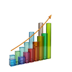Vibrant 3D Bar Graph with Ascending Arrow on Transparent Background Illustrating Progress and Growth Visualized in Clear Acrylic Material with Black Backdrop