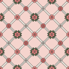 Fototapeta premium Romantic victorian lattice pattern with delicate pink flowers and green leaves creating an elegant seamless design for vintage wallpaper fabric wrapping paper and home decor projects