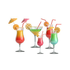 Vibrant Assorted Cocktail Glasses with Orange Slices and Umbrellas on Transparent Background Summer Refreshments Party Time