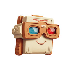 Viewfinder Toy with Red and Blue Lenses on Transparent Background with Cartoon Smile and Beige and Brown Colors in a Dimly Lit Setting