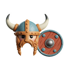 Viking Warrior with Horned Helmet and Round Shield on Transparent Background Historical Scandinavian Knight Protection Headgear Brave Defender