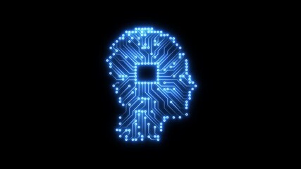 glowing neon Digital brain and Human head outline made from circuit board icon. A human head made from circuit board. A silhouette of a head displays a circuit board icon with an chip in the center. - Powered by Adobe