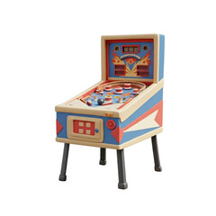Vintage Pinball Machine Isolated on Black Background Featuring Red White and Blue Colors with Game Elements