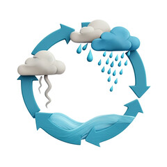 Water Cycle Diagram with Blue Arrows and Clouds Illustrating Evaporation Condensation and Precipitation on a Transparent Background