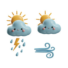 Weather Icon Set with 3D Rendered Sun Clouds Lightning and Wind on Transparent Background for Climate Forecasts and Meteorological Illustrations