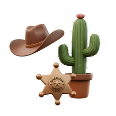 Western Desert Scene with Cactus Sheriff Star and Cowboy Hat Against Transparent Background