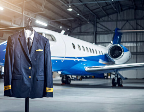 Pilot Uniform Hanging in Hangar Next to Private Jet