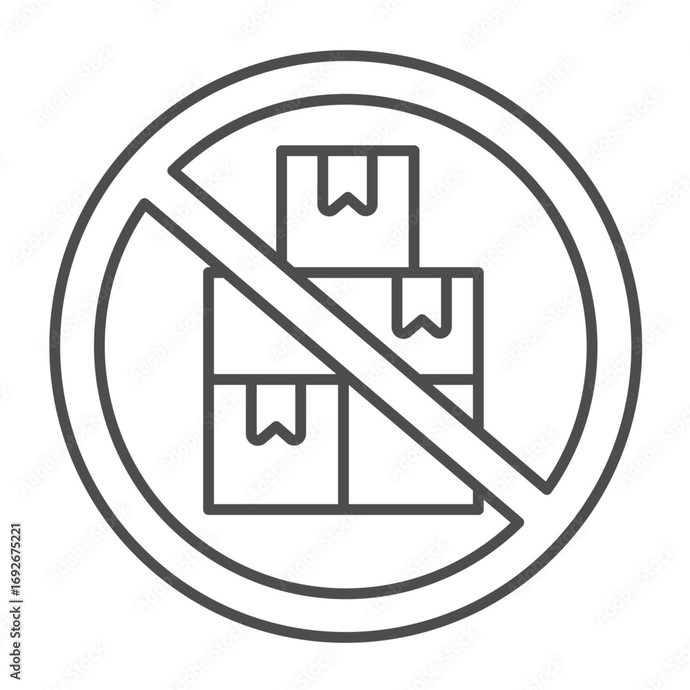 Poster cardboard boxes prohibited circle thin line icon, data hoarding concept. vector graphics. boxes keep