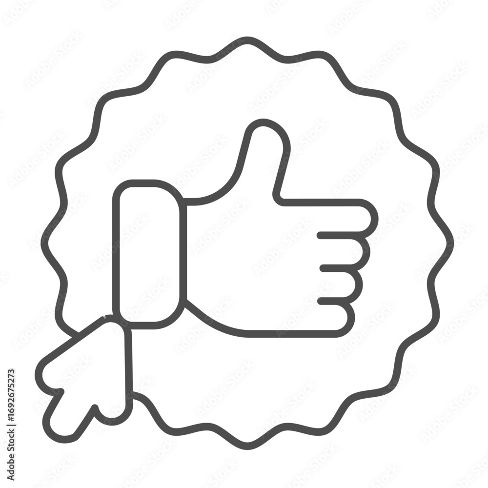 Poster sticker and thumb up finger hand and cursor thin line icon, positive review concept. vector graphics