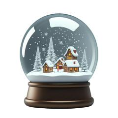 Winter Scene Snow Globe with Tiny Village and Snowflakes on Transparent Background