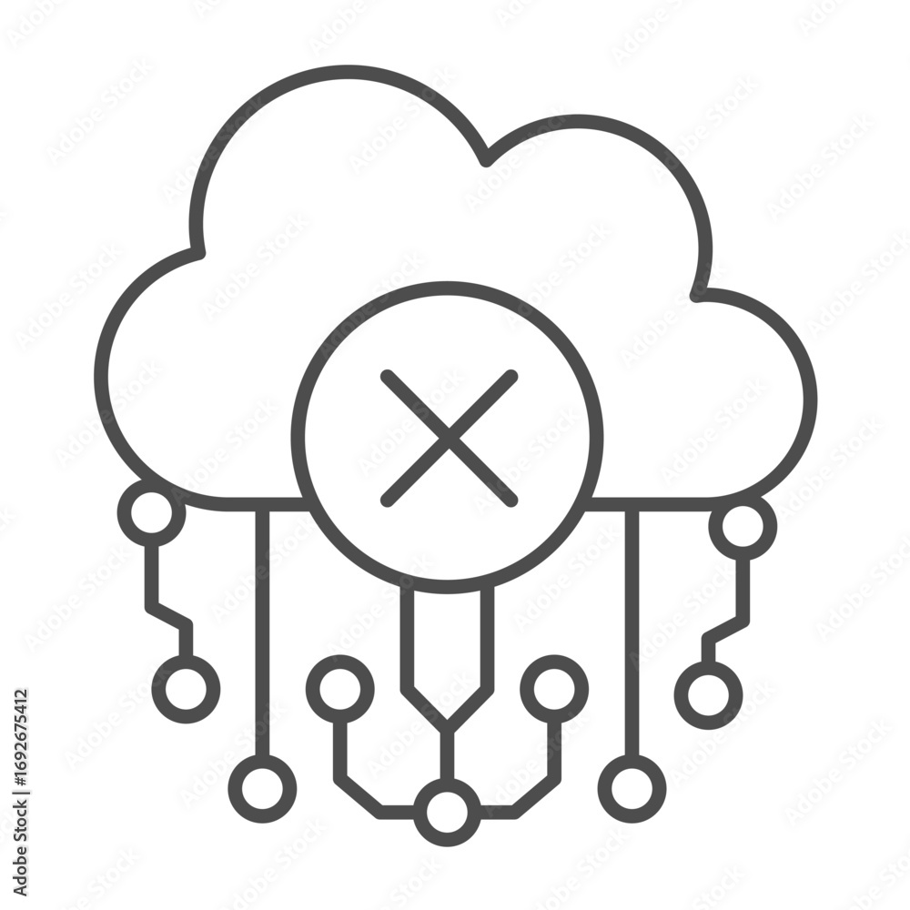 Poster deny or ban of cloud access thin line icon, data hoarding concept. vector graphics. cloud storage co