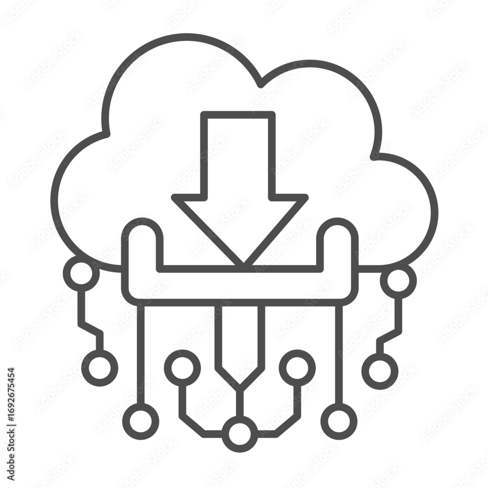 Poster downloads basket on cloud thin line icon, data hoarding concept. vector graphics. cloud storage down