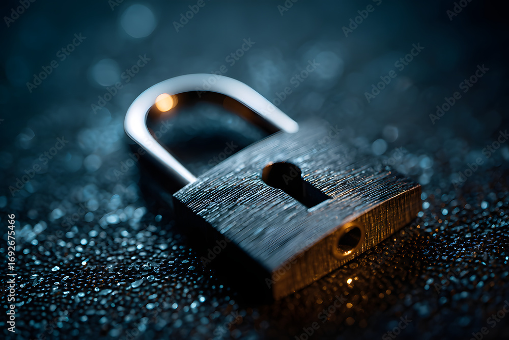 Poster a digital padlock on a dar blue backdrop symbolizes obust cyber security, emphsizing fraud preventio