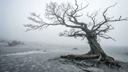 An old gnarled tree stands strong on barren land. Its bare branches reach into dense fog, and exposed roots anchor it to the ground.