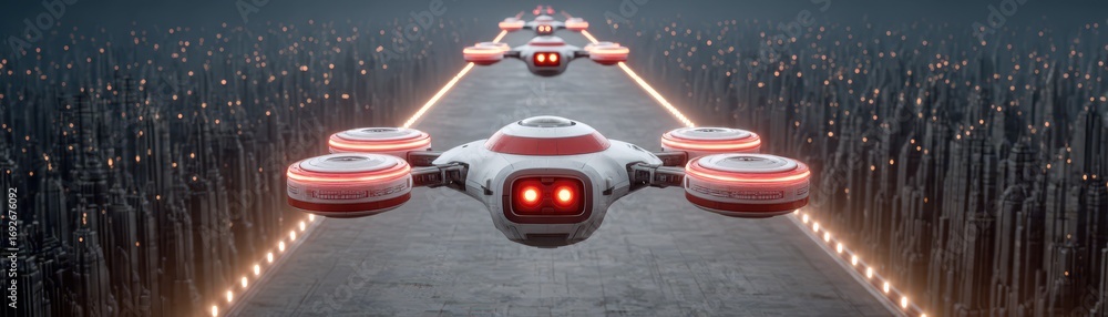 Poster a futuristic scene featuring drones hovering above a dimly lit, technologically advanced pathway sur