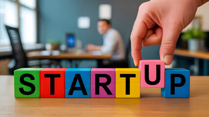 A hand places the final block spelling out "STARTUP" in colorful children's blocks on a wooden surface, symbolizing business beginnings.
