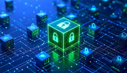 Futuristic circuit board with glowing green padlock