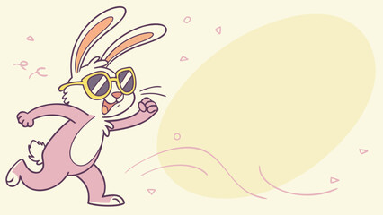 Cool cartoon pink rabbit in sunglasses running with an excited expression next to a large egg-shaped blank text box, ideal for Easter events, promotions, or springtime fun.