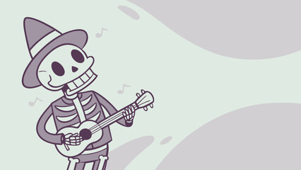 Naklejka premium This playful cartoon skeleton playing a ukulele is perfect for websites or blogs about Halloween, music, or holiday events. The style is a flat illustration.