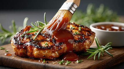 Succulent grilled chicken garnished with rosemary and savory sauce on wooden cutting board