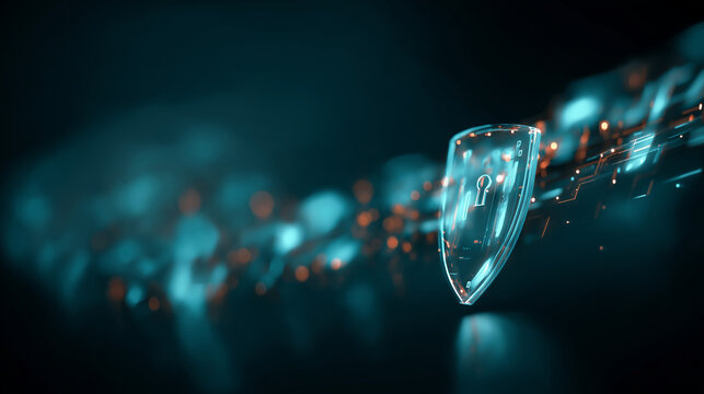 futuristic data stream with shield lock hologram, abstract network nodes, sleek corporate feel, gradient background, minimal, high detail, depth - Powered by Adobe