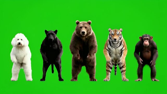 Diverse Group of Animals Standing Upright on Hind Legs Against Green Screen Background