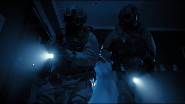 three special forces soldiers are entering through the door of an apartment at night, with flashlights illuminating their faces. 