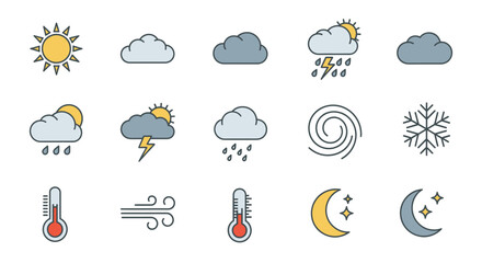 Obraz premium Set of Colorful Weather Icons with Simple Line Art Style.
