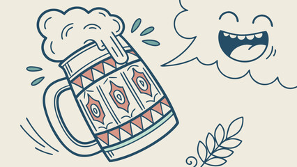 A playful doodle illustration of a beer mug with a happy, laughing face for websites and blogs related to beverages, breweries, pubs, festivals like Oktoberfest, or social gatherings
