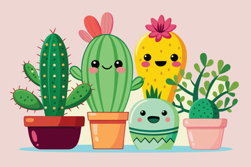 Cute kawaii cacti and succulent plants in pots with happy faces and flowers