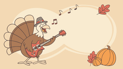 whimsical cartoon-style illustration of turkey wearing hat and playing an electric guitar,with an empty speech bubble and pumpkins for Thanksgiving,music,humorous holiday celebration theme