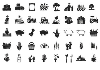 Fototapeta premium Diverse farm icons depict agriculture, livestock, and harvest for rural lifestyle and food production