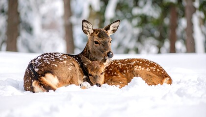 Two deer nestled in snow-covered forest