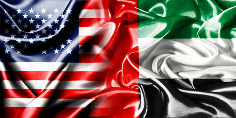 The national flags of the United States and the UAE are merged into one and placed side by side on a fluttering cotton background. Flags.