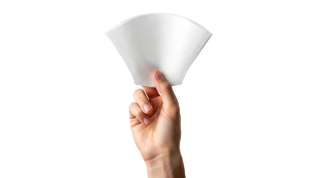 presenting purity a hand reveals soft, white coffee filters, symbol of freshness and new beginnings, isolated on transparent background