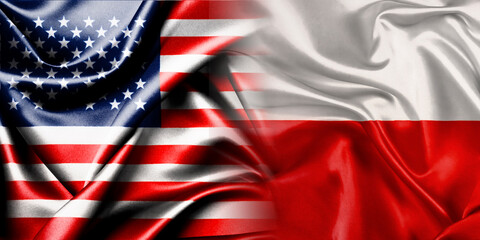 The national flags of the United States and Poland are merged into one and placed side by side on a...
