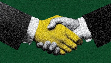A textured handshake, yellow hands on a green backdrop